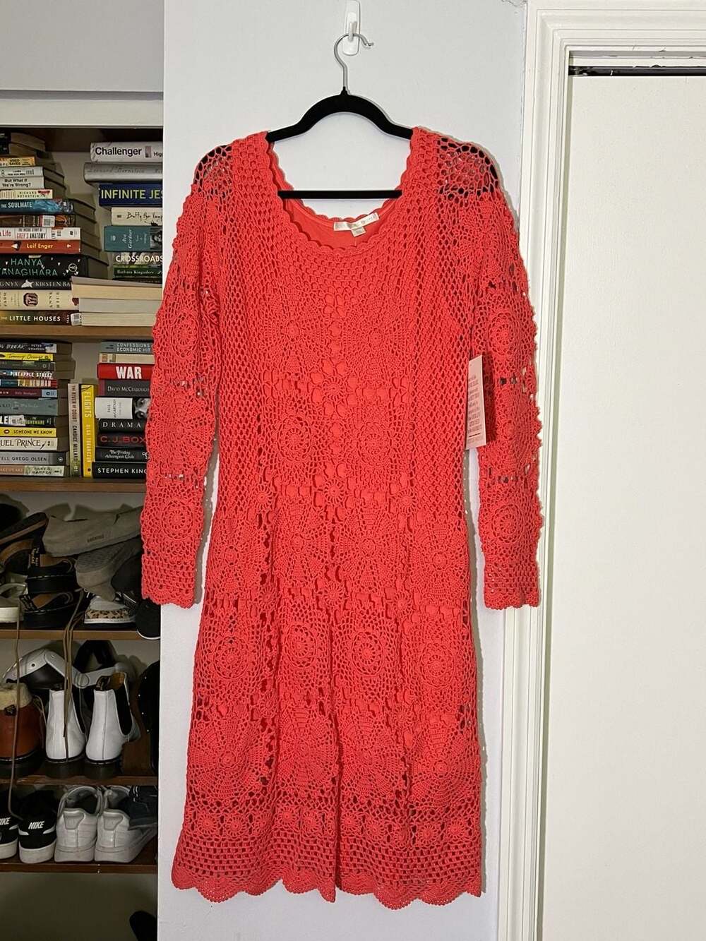 Boston Proper Long Sleeve Crochet Dress in Coral Reef